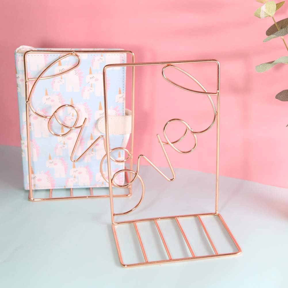 Winterworm Metal Bookends Book Ends Heavy Duty Modern Decorative for Bedroom Library Office School Book Display Desktop Organizer Gift(Love Rose Gold)