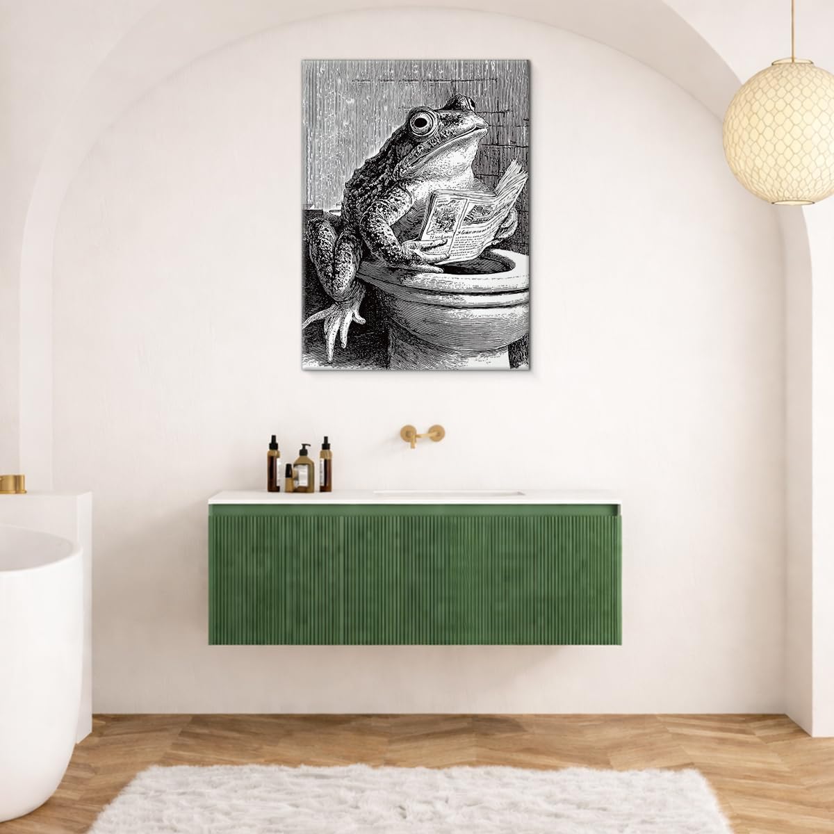 Funny Retro Toad Bathroom Wall Art Toad Reading Newspaper on Toilet Canvas Print Poster Funny Animal Bathroom Wall Decor 11x15 Inch Framed