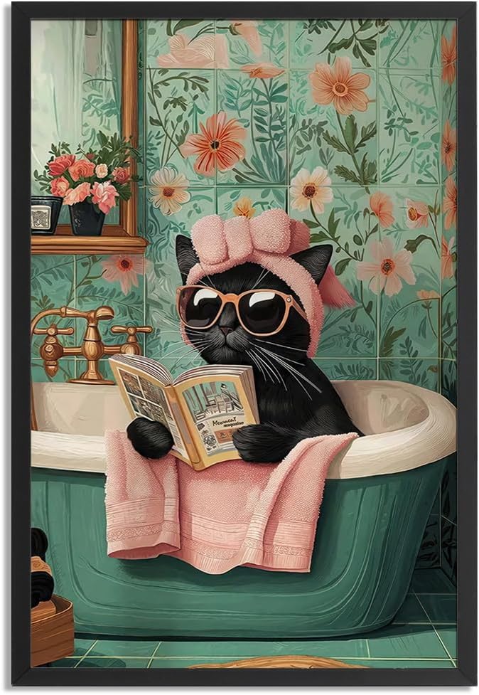 Framed Funny Cat Wall Art-Tub Cat Reading Poster For Room Aesthetic Decor-Cute Black Cats Pictures Canvas Prints Ready To Hang Bedroom Living Bathroom Wall Decor