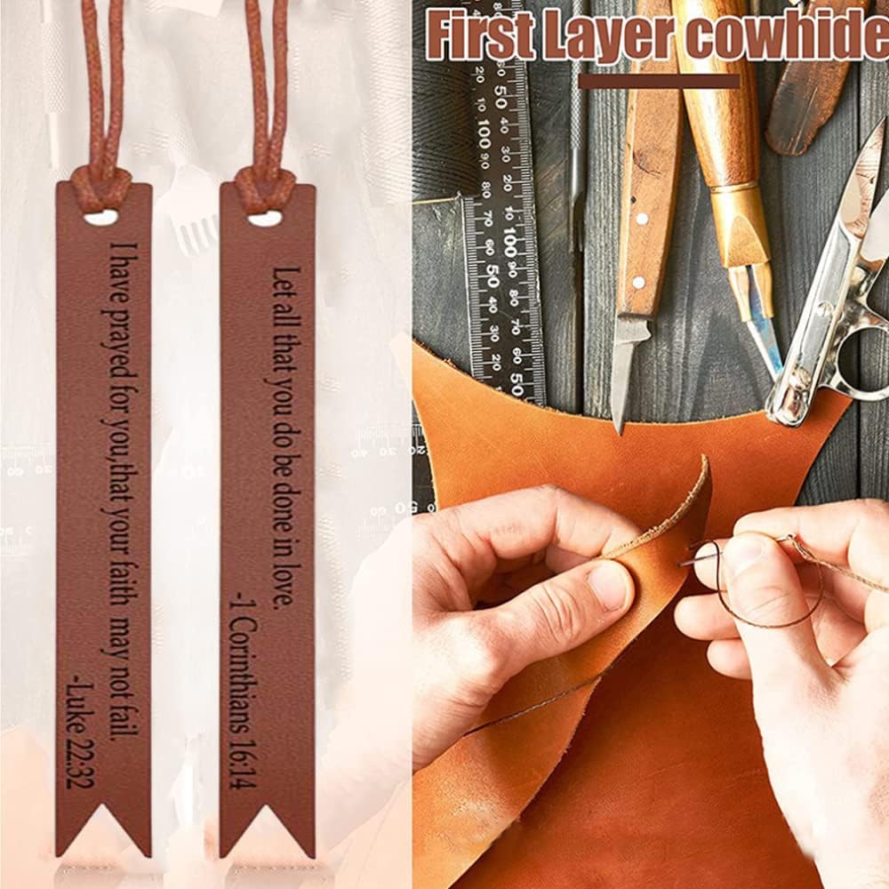 12 Pieces Leather Bookmarks, BetterJonny Bible Verses Bookmarks Handmade Genuine Leather Page Markers for Women, Kids, Book Accessories for Reading Lover Handmade Book Reading Gift(Brown)