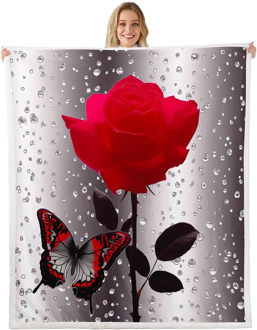 Feelyou Red Rose Sherpa Blanket Butterfly Decoration Plush Blankets and Throws Botanical Throw Blanket Soft Luxury Fuzzy Blanket for Bed Sofa Couch Twin