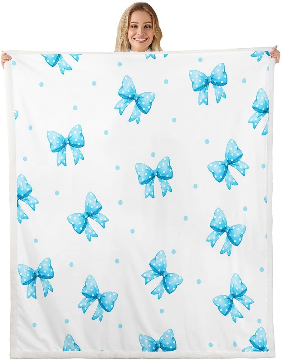 Feelyou Blue Polka Dot Bow Sherpa Throw Blanket for Couch Bowknot Super Soft Cozy Fleece Kawaii Bow Tie Blanket for Winter, Plush Throw Princess Decor Throw 50"x60" All Season