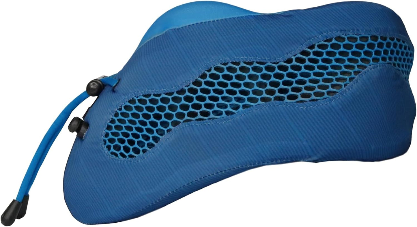 Evolution Cool Travel Neck Pillow by Cabeau - Cooling Airflow Vents, Memory Foam Neck Support, and Adjustable Clasp - Comfort On-The-Go with Carrying Case - Airplane, Train, Car, and Gaming (Blue)