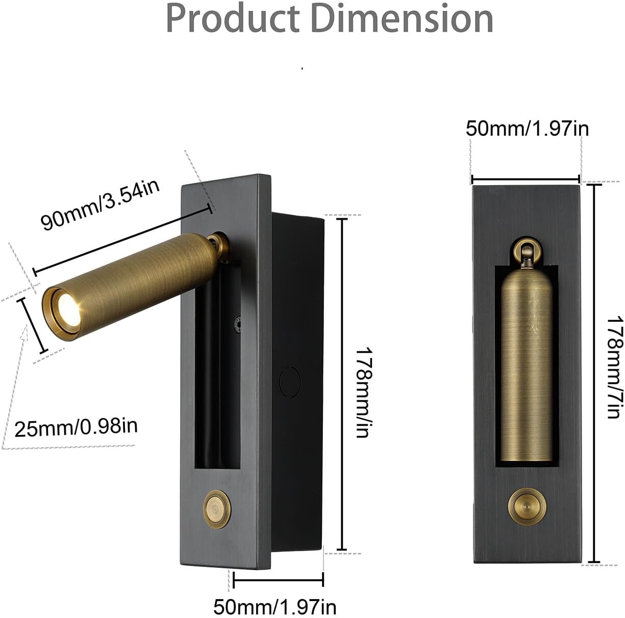 LED Bedroom Lamp Headboard Wall Light Sconce, Bedside Reading Light Recessed Push Switch Wall Lamps, Hotel Bed Side Decorative Wall Sconces Spotlight, 360° Rotatable 92° Foldable (Brass+Black)