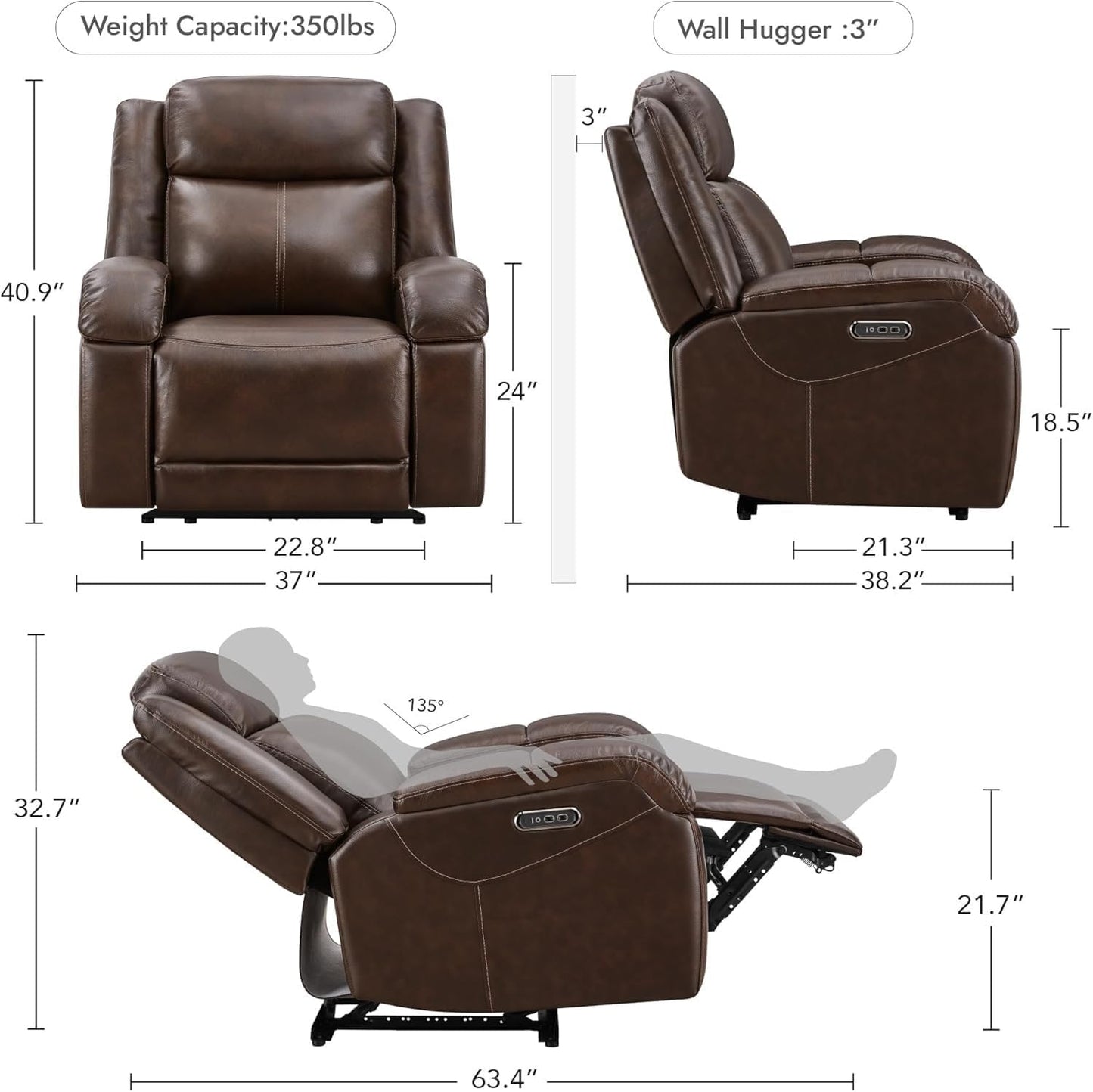 Modern Leather Power Recliner Chair, Breathable Leather with Power Headrest & Charging Ports, Adjustable Electric Recliner Sofa, Brown Comfortable Seating for Living Room