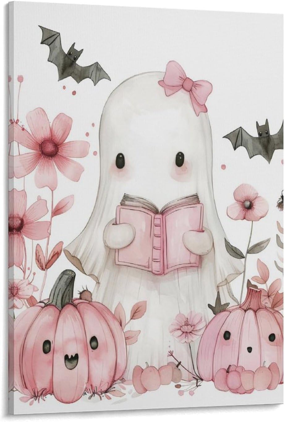 HouLaiZhe Halloween Poster Ghost Reading Pumpkin Canvas Wall Art Prints Halloween Decorations Room Aesthetic Gothic Wall Decor for Living Room Bedroom 18x24inch(45x60cm)