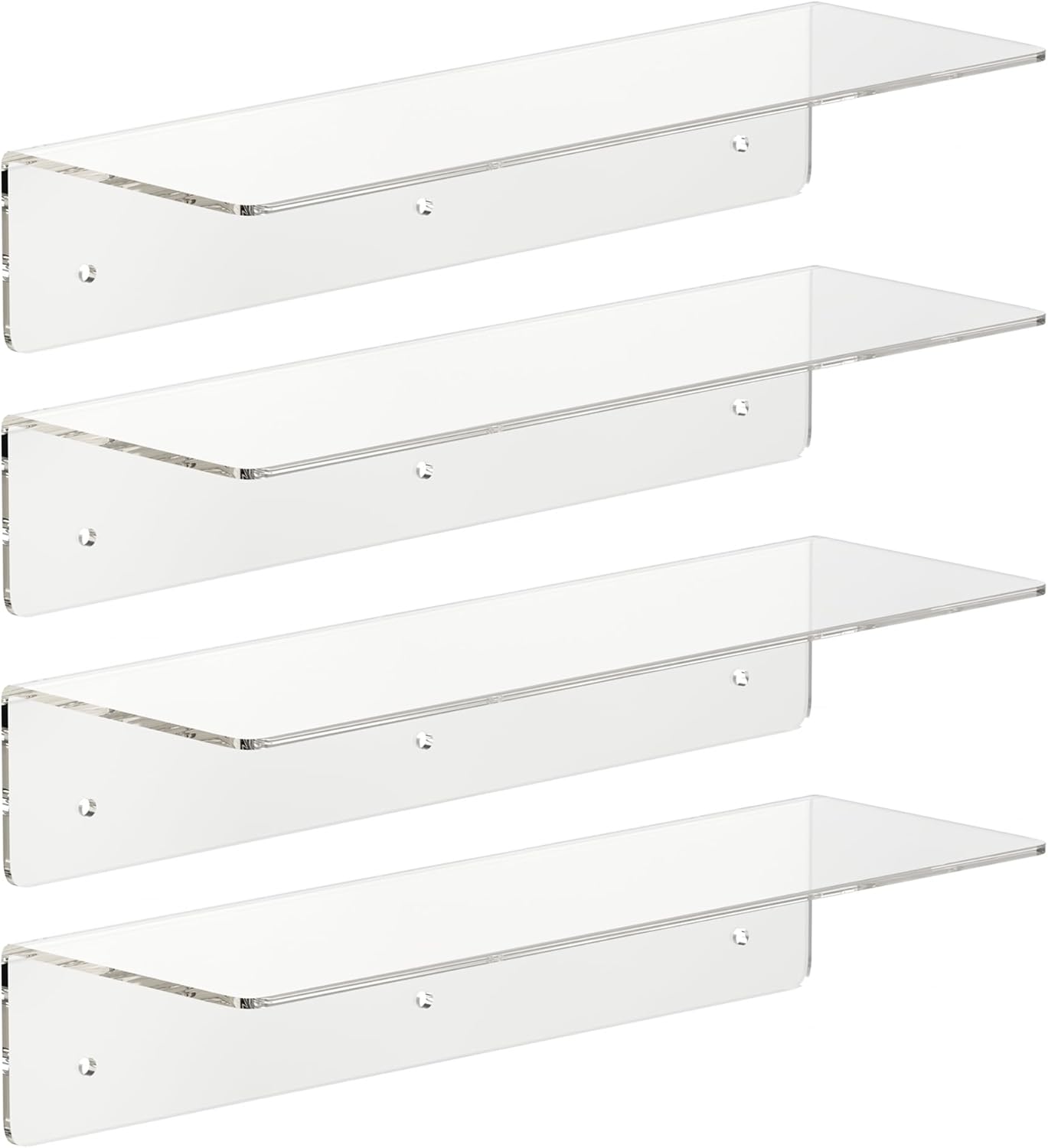 HANGE 4-Pack Clear Acrylic Floating Shelves, 12" Invisible Wall Mounted Shelves – Space-Saving Storage for Kids’ Books, Bathroom, Bedroom, Kitchen, Living Room – Modern Display Organizer