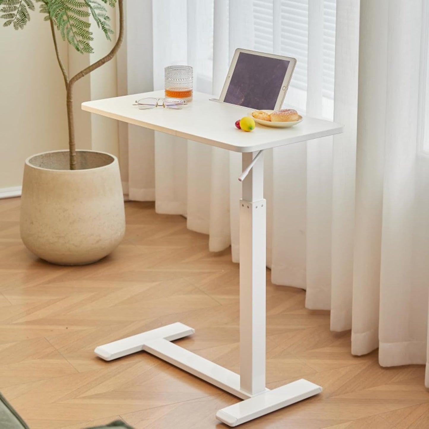 Height Adjustable Portable Overbed and Chair Nursing Table with Wheels - Hospital Bed Table - Laptop, Reading, Eating Breakfast Cart Stand C-Shaped Sofa Side Table