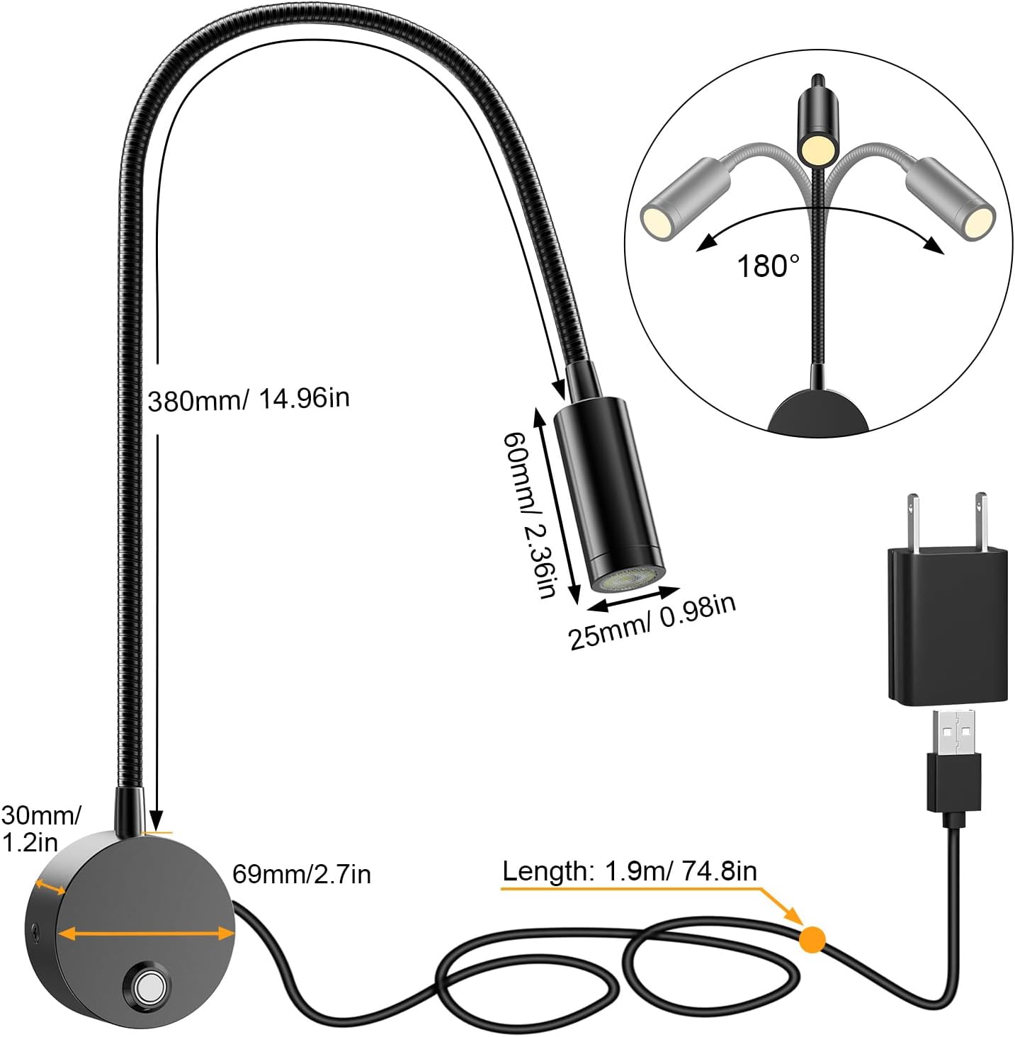Wall Mounted LED Reading Light with 15" Flexible Gooseneck, Dimmable Book Light for Reading In Bed with USB Charging Port, Plug In Headboard Night Lights, 3 Colors Temperature, Touch Control-2 Pack