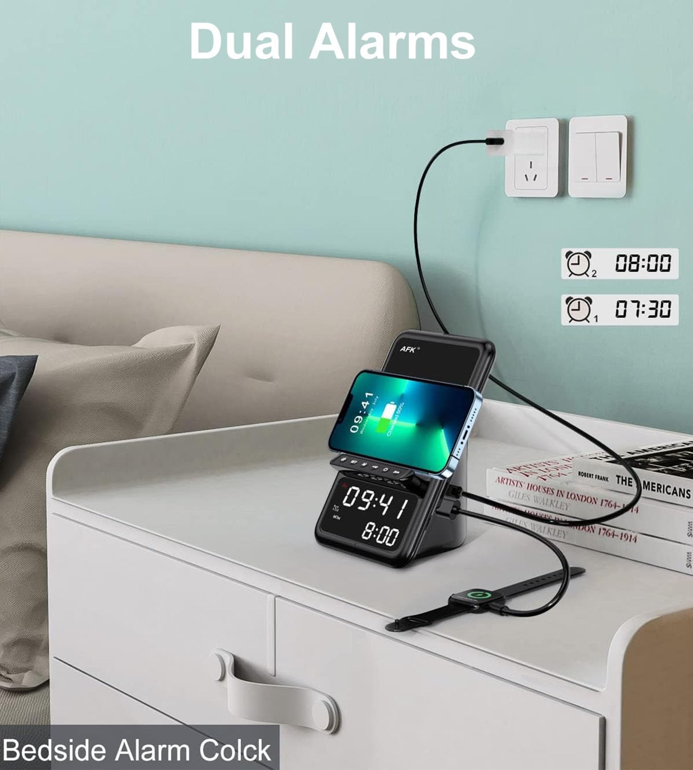 AFK Wireless Charging Station with Bluetooth Speaker and Alarm Clock,Wireless Charger Compatible with iPhone,Android Phones(Black)