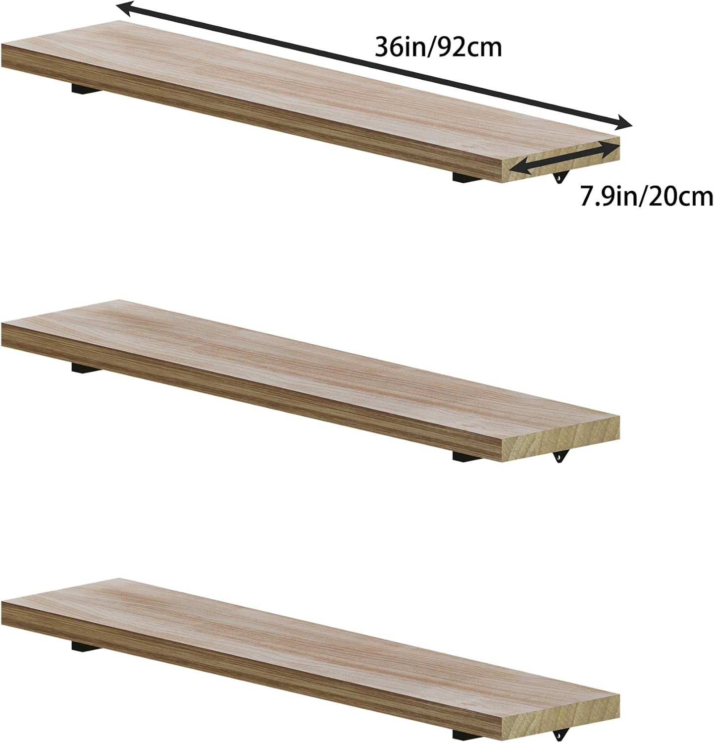 36 inch Long Wall Shelves Set of 3, Rustic Wood Long Floating Shelves, Large Wall Mounted Shelves with Metal Brackets, Farmhouse Bookshelf for Living Room, Bedroom, Bathroom (36 inch 3 Tier)