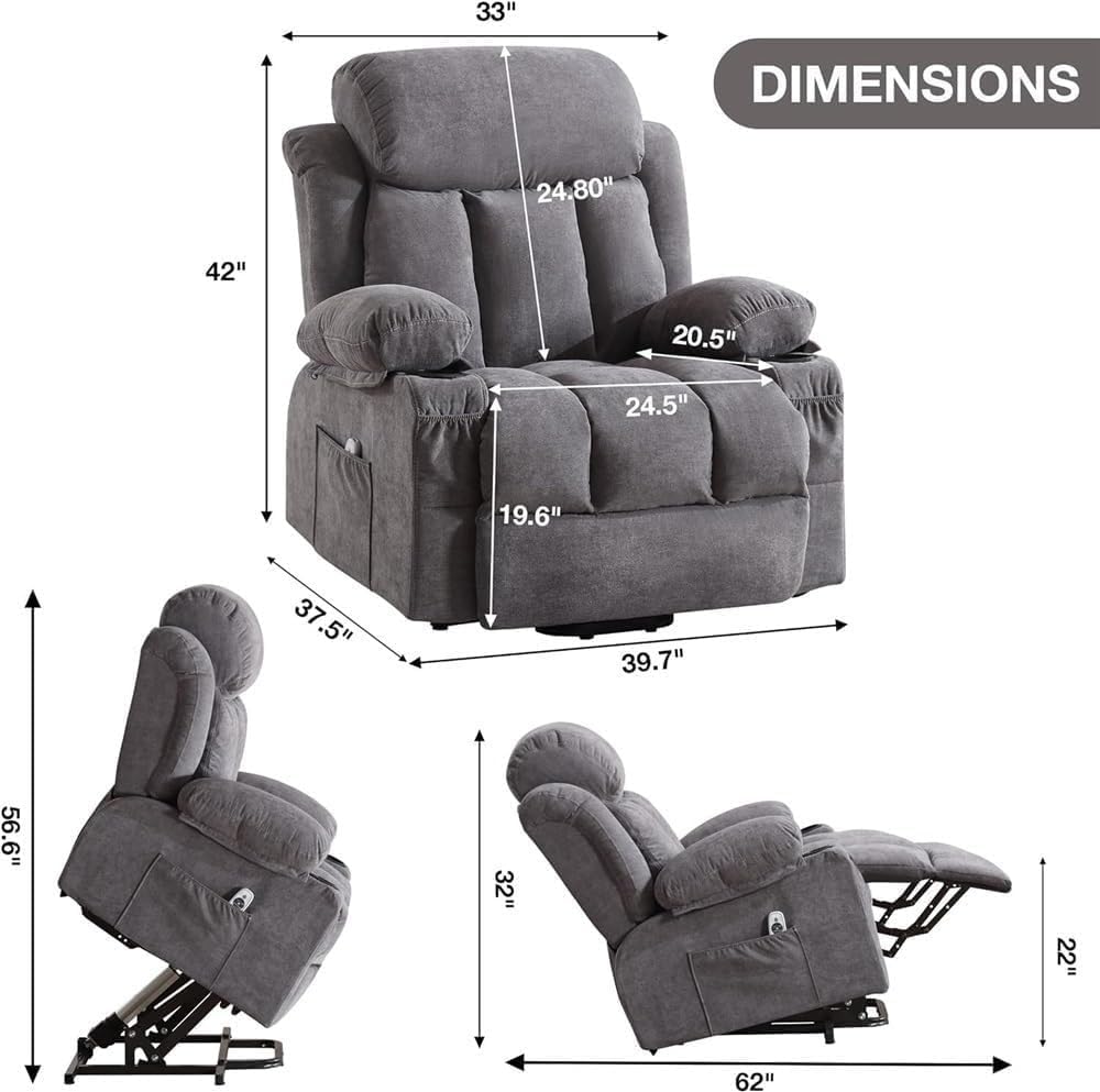 Electric Lift Recliner Chair for Elderly with Heat and Massage Ergonomic Single Lounge Chairs Comfortable Home Theater Seating for Living Room with Cup Holders Side Pocket