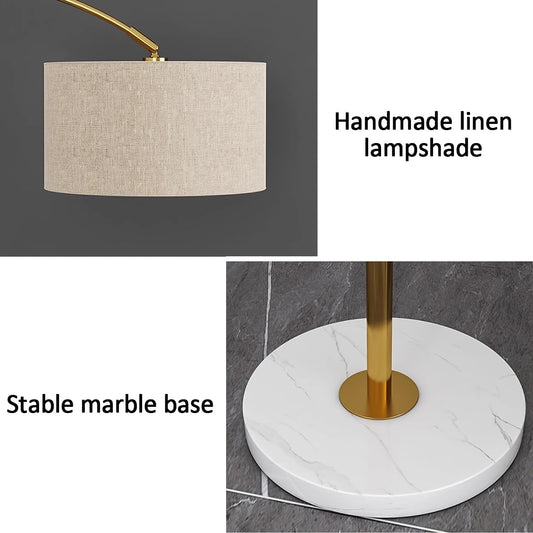 Arc Floor Lamp with Tray Adjustable Height Pole Lamp Linen Shade Standing Light Gold Iron Luxury Vertical Lights Corner Reading Standing Floor Lamps 3 Color Temperatures for Hotel Office