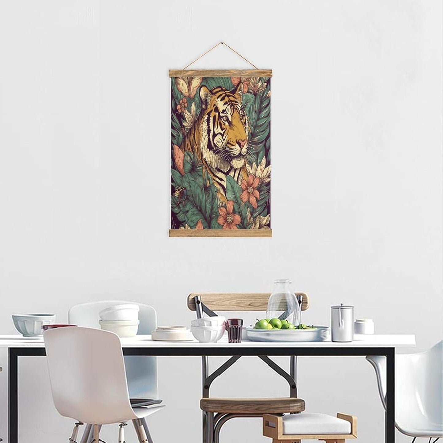 Vintage Tropical Tiger Poster with Wooden Frame Personalized Linen Hanging Scroll Painting Rustic Wall Hanging Illustrative Modern Artwork Decor for Home Living Room Bedroom Office
