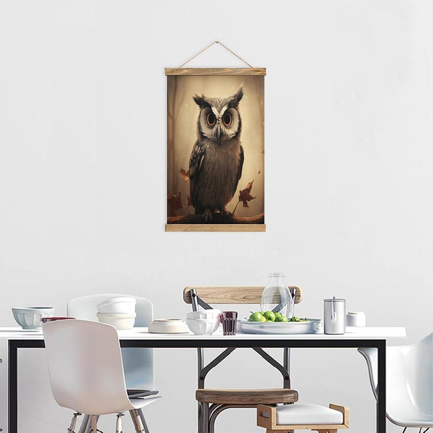 Vintage Cute Owl Poster with Wooden Frame Personalized Linen Hanging Scroll Painting Rustic Wall Hanging Illustrative Modern Artwork Decor for Home Living Room Bedroom Office