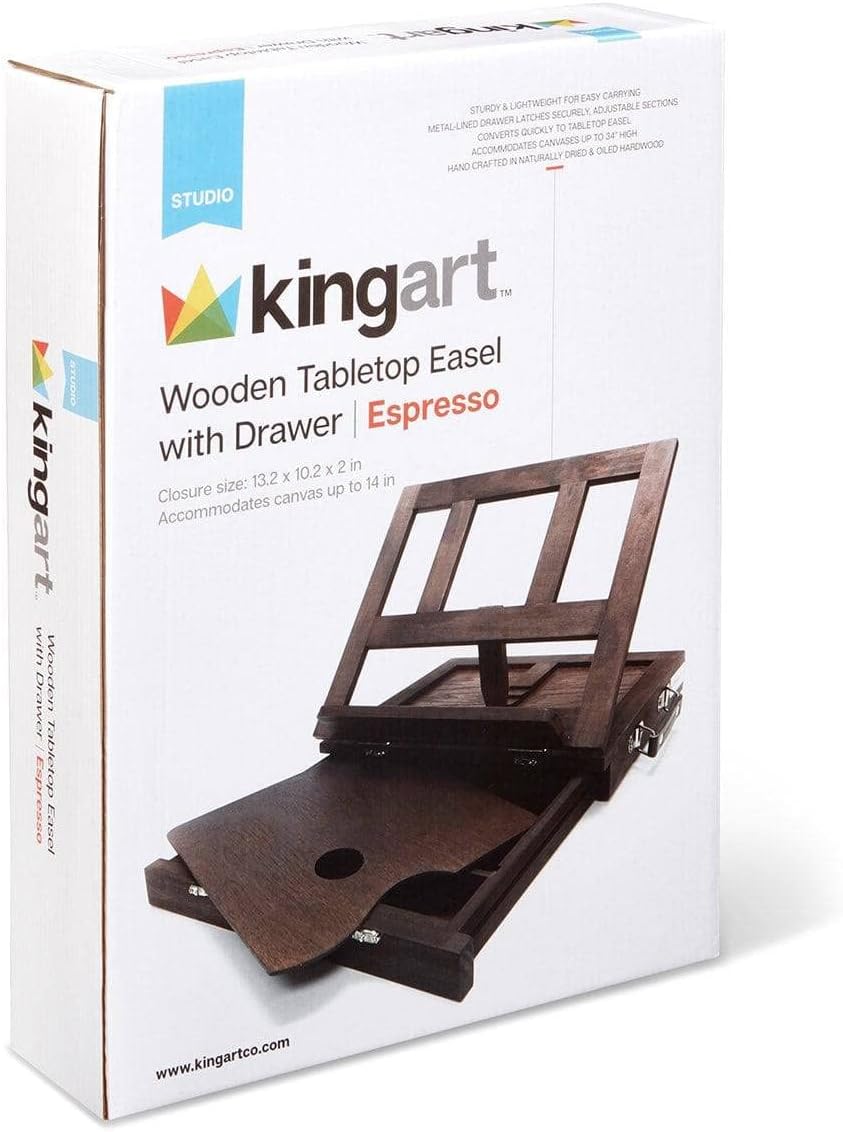 KINGART Adjustable Wood Espresso Stained Desk Table Easel with Storage Drawer, Paint Palette, Portable Wooden Artist Desktop, Painting, Drawing Sketching Book StandE