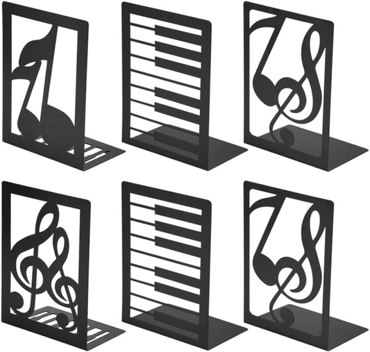 3 Pairs Book Ends Metal Bookends for Shelves, Decorative Bookends for Heavy Books Non-Skid Musical Note Bookshelf Holder, Book Stopper Bookshelf Decor for Family, Office and School