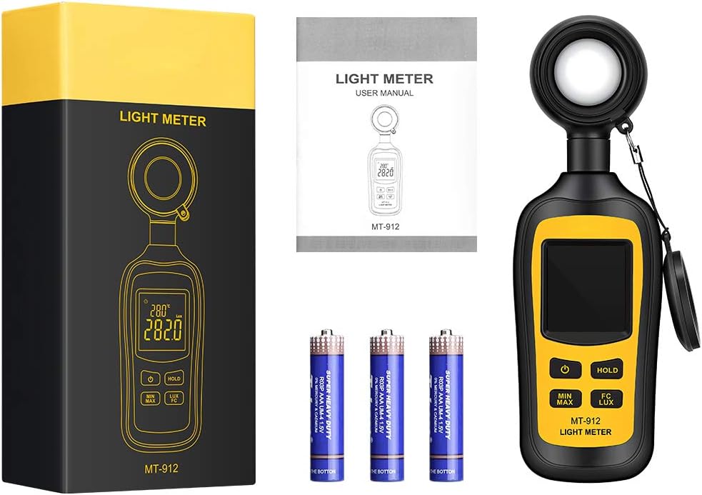 Light Meter Digital Illuminance Meter Handheld Ambient Temperature Measurer, Range up to 200,000 Lux, Luxmeter with 4 Digit Color LCD Screen