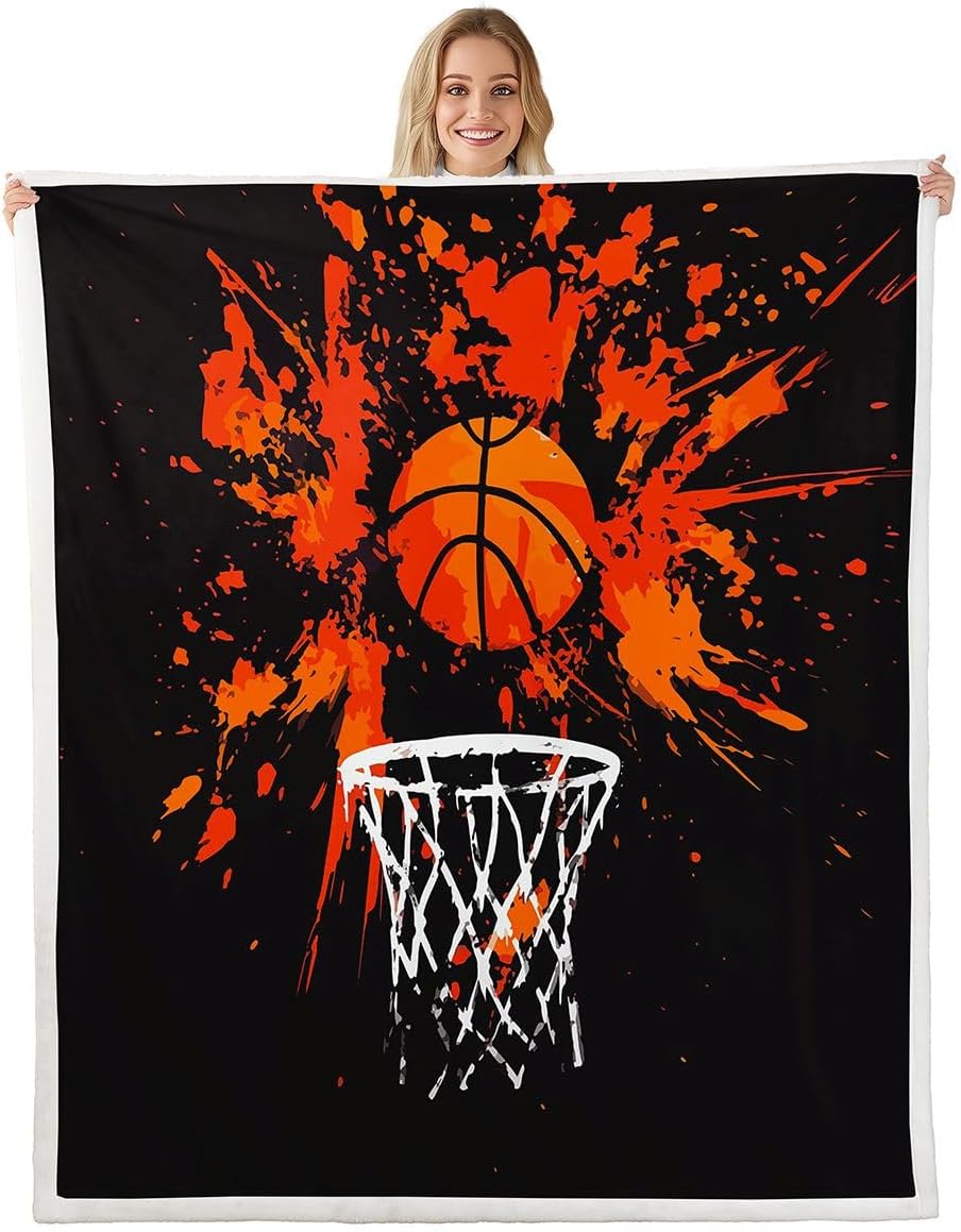 Feelyou Basketball Sherpa Throw Blanket for Couch Sports Super Soft Cozy Fleece Basketball Lover Blanket for Winter, Plush Throw Ball Game Baby 30"x40" Black Orange All Season