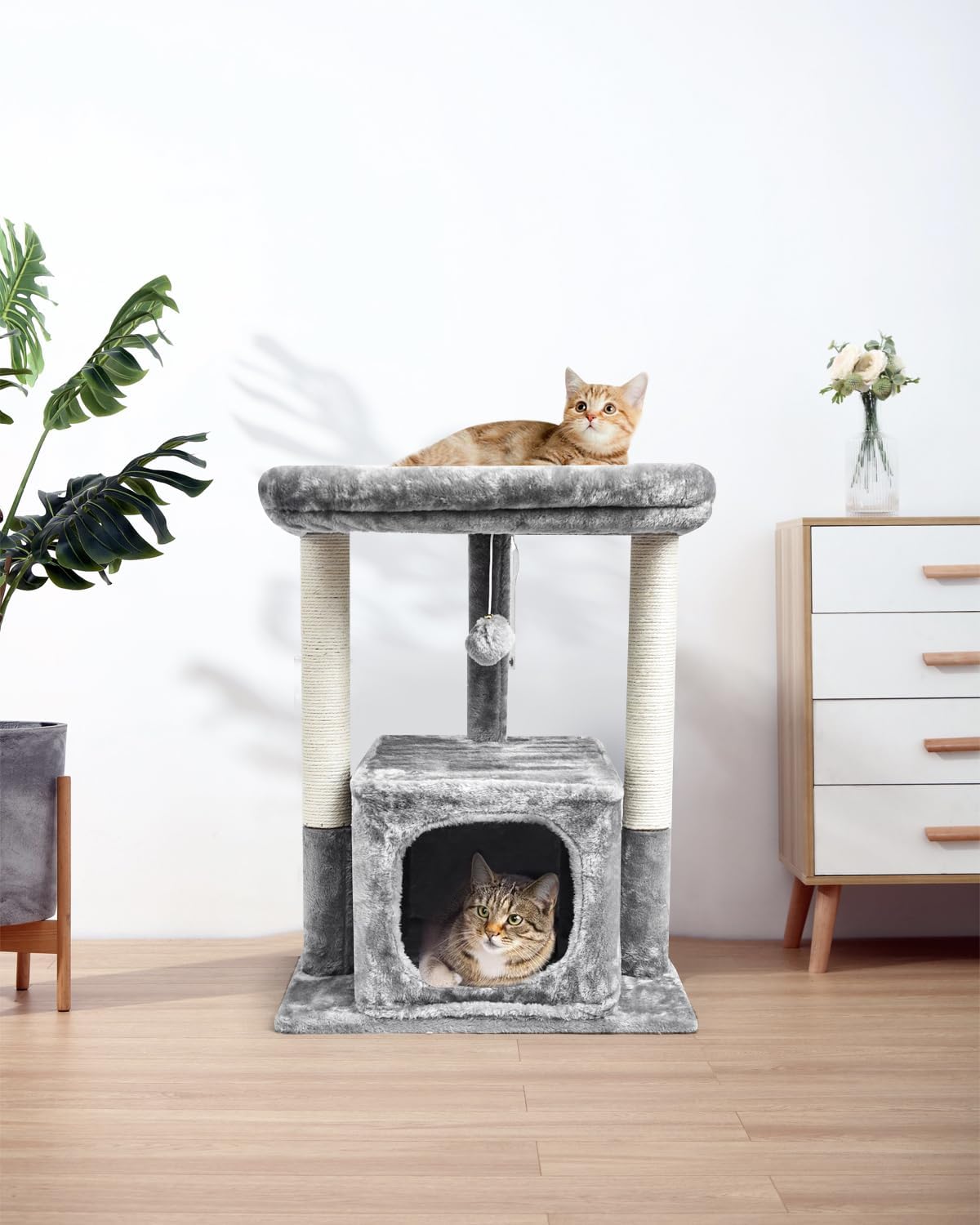 SYANDLVY 27IN Cat Tree for Indoor Cats Large Adult, Modern Activity Tower with Scratching Posts, Condo with Plush Perch, Climbing Stand with Spring Ball for Play, Grey