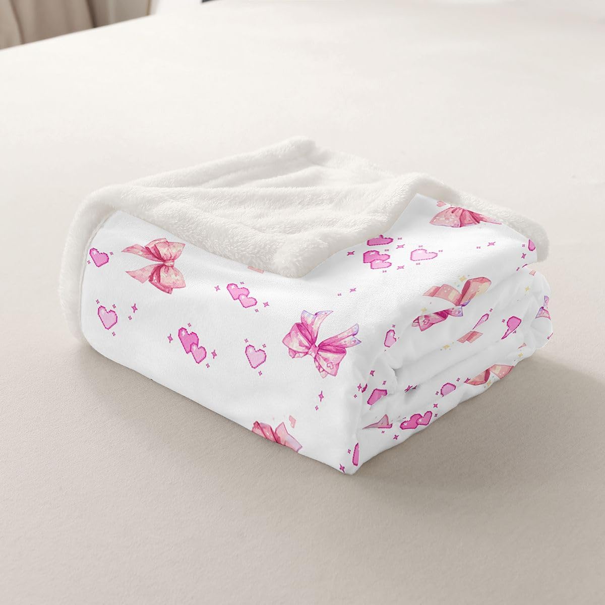 Castle Fairy Bowknot Love Kids Throw Blanket,Cartoon Bow Tie Hearts Pattern Bed Blanket,Sweet Romantic Aesthetic Girls Boys Sofa Decor,Pink and White Fuzzy Blanket,Queen Size (90 x 90 Inches)