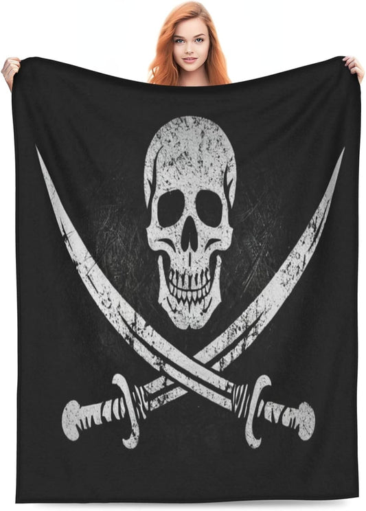 Jolly Roger Pirate Skull Throw Blanket Grunge Skeleton Soft Fleece Blanket Cozy Plush Fuzzy Warm Throw Blankets for Bed Couch Sofa Living Room, 50"x60"