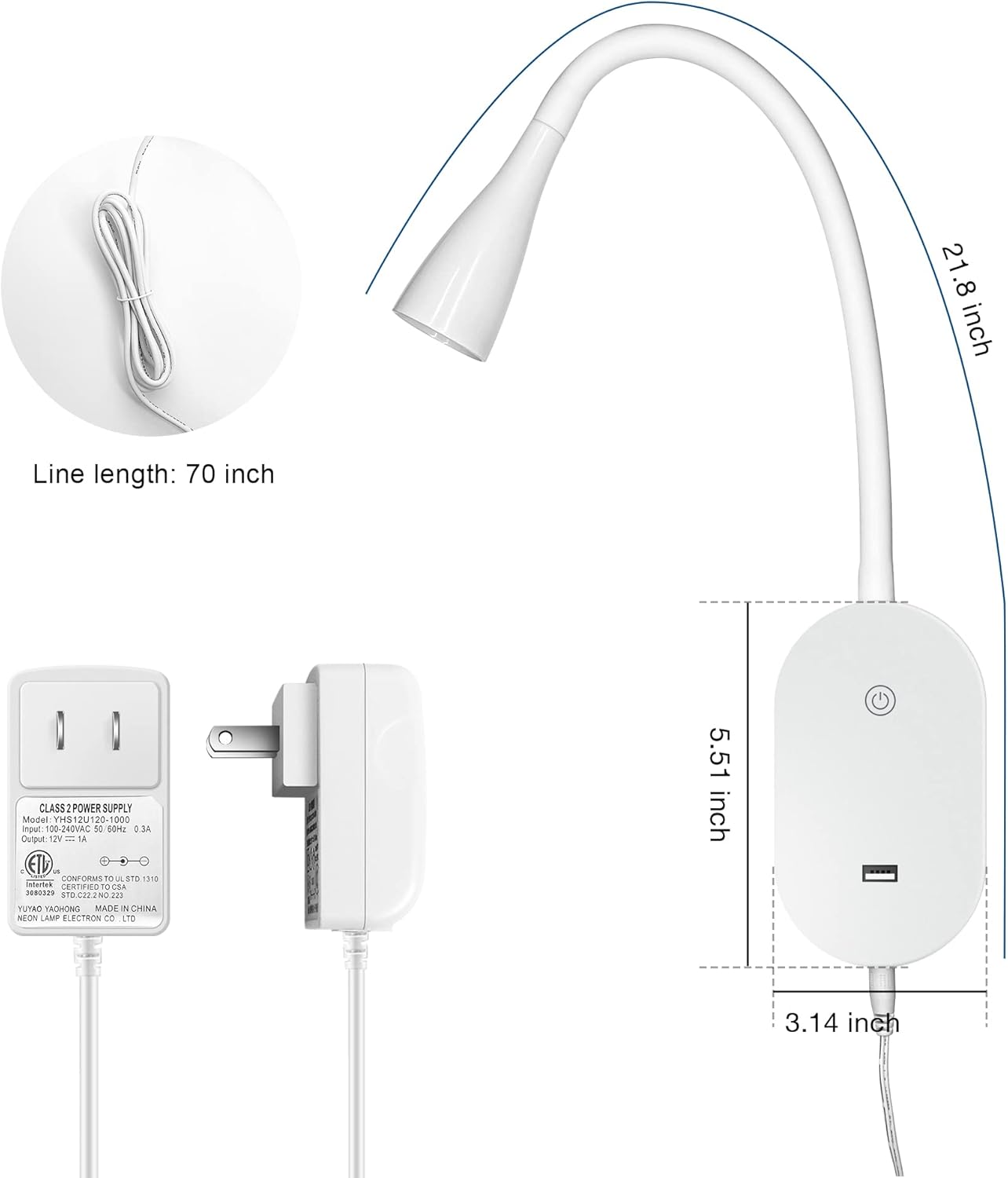 Wall Mount Reading Light, Focused Book Light for Reading in Bed, 5 Dimming, USB Output, 4 Hours Auto Off, Touch Control, Flexible Gooseneck Headboard Reading Lamp, Easy to Install White
