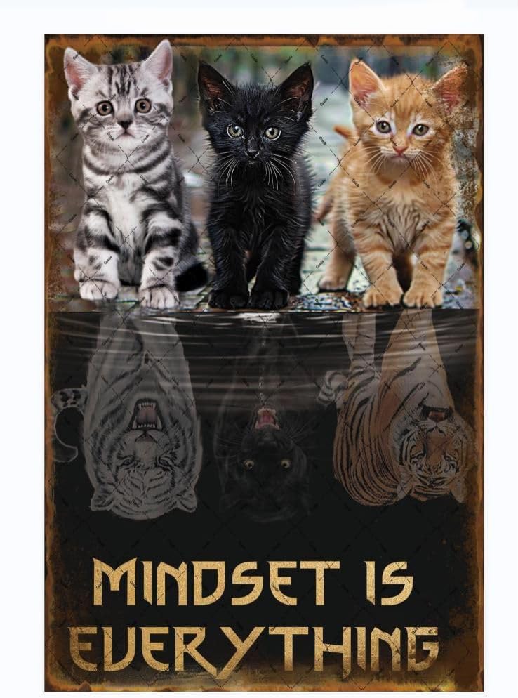 Cusde Cats Mindset Is Everything Metal Tin Sign Cat Wall Art Inspirational Motivational Quotes Decoration Positive Wall Decor Home Decoration Poster Plaque for Pub Club Room Bar 12x8 Inches