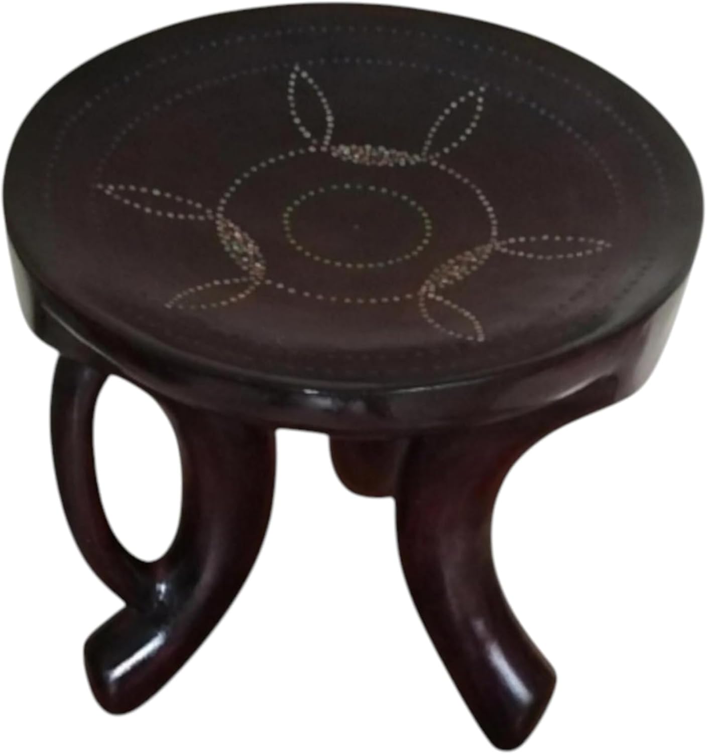 Hand-Carved African Wooden Stool, Tribal Inlay Accent Table, Dark Wood, 10 x 11 inches, Hardwood Frame, Round