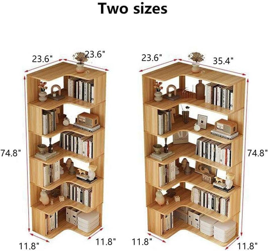 Modern Solid Wood Corner Bookshelf - Six-Layer Open Back Bookcase for Living Room Storage, Versatile Shelves for Books, Decor & Organizing, Space-Saving Design