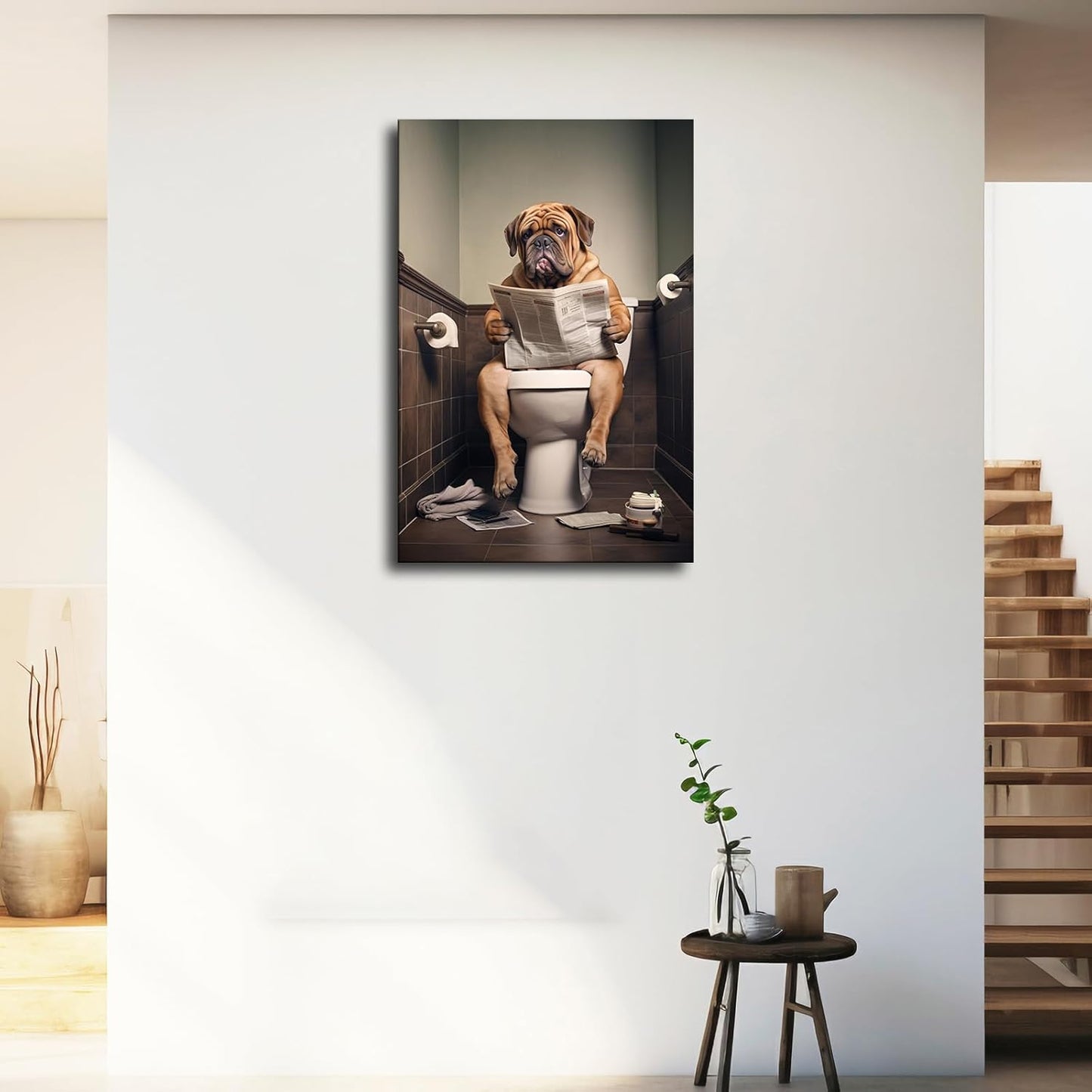 Generic Wall Art Funny Dog Bathroom Wall Art Dog Reading the Newspaper on Toilet Canvas Poster Living Room Wall Art Bedroom Wall Decor Printins (8x12inch-Framed), white