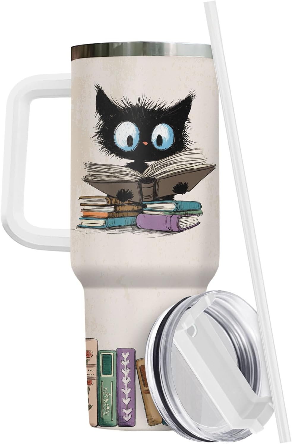 34HD Cat Book Tumbler 40oz with Handle Lid and Straw, Funny Once Upon a Time Girl Loves Bookish Items Vacuum Insulated Travel Mug, Birthday & Mother's Day Gifts for Pet Lovers & Him Her