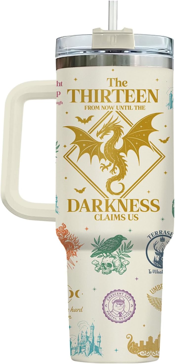 Fantasy Bookish Tumbler - 40oz Insulated Stainless Steel Mug with Handle - Dragon and Sword Throne Aesthetic - You Do Not Yield Quote - Gift for Epic Fantasy Readers, Book Lovers