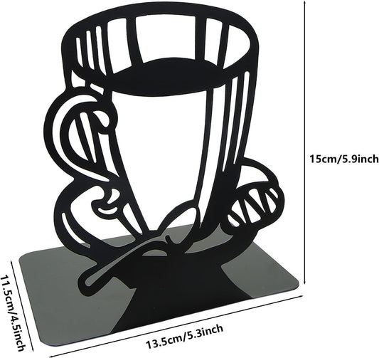 Creative Coffee Pattern Bookends Black Metal Book Ends Shelves Organizer Book Stands Journal Book Holder Reading Room Decorative Bookends for Office Home School Women Man Gift