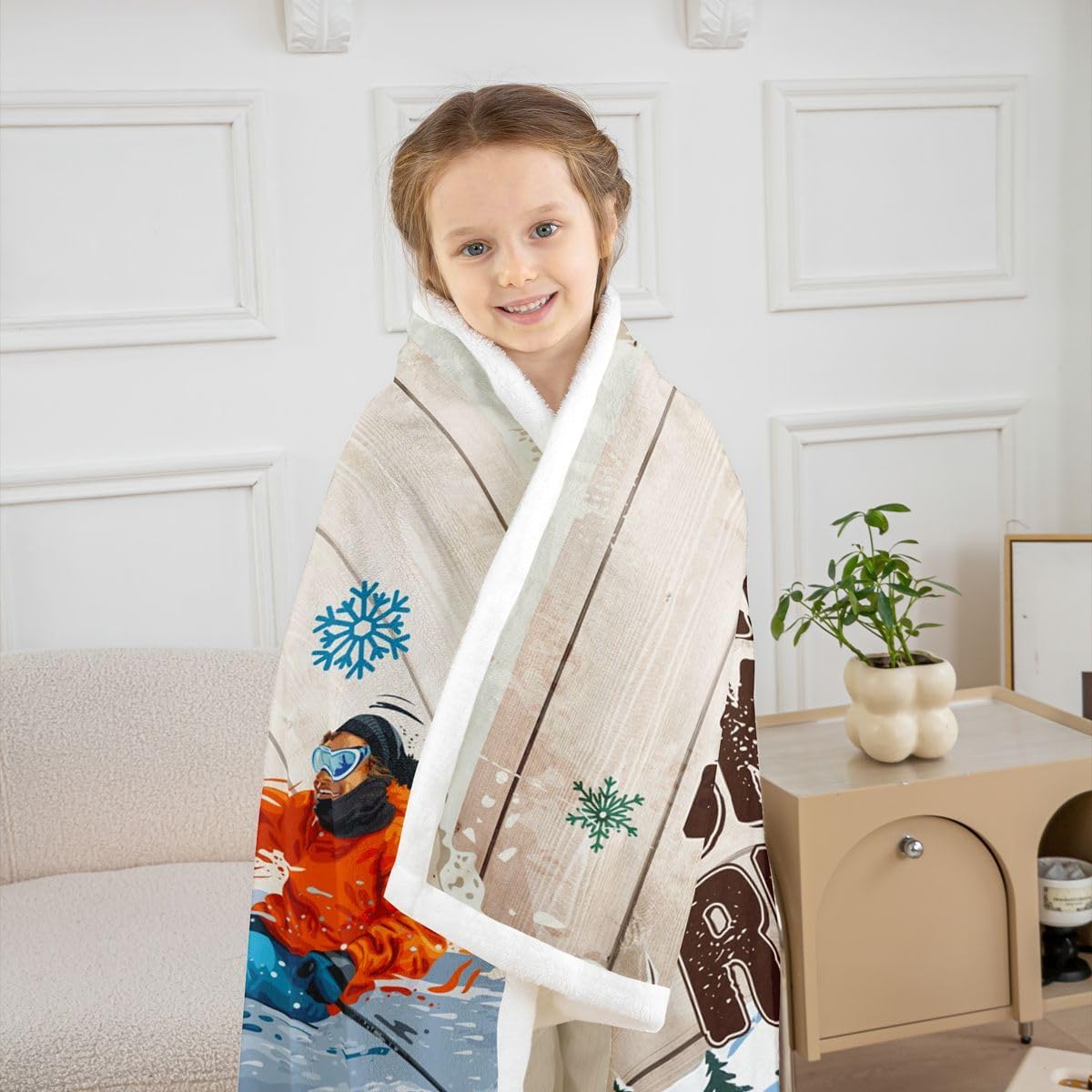 Ski Throw Blanket Rustic Farmhouse Brown Wooden Fleece Blanket Skiing Skier Sports Games Blankets Kids Boys Girls Adult Room Decor Winter Snow Mountain Sherpa Blanket,for Chair/Sofa,50"x60"