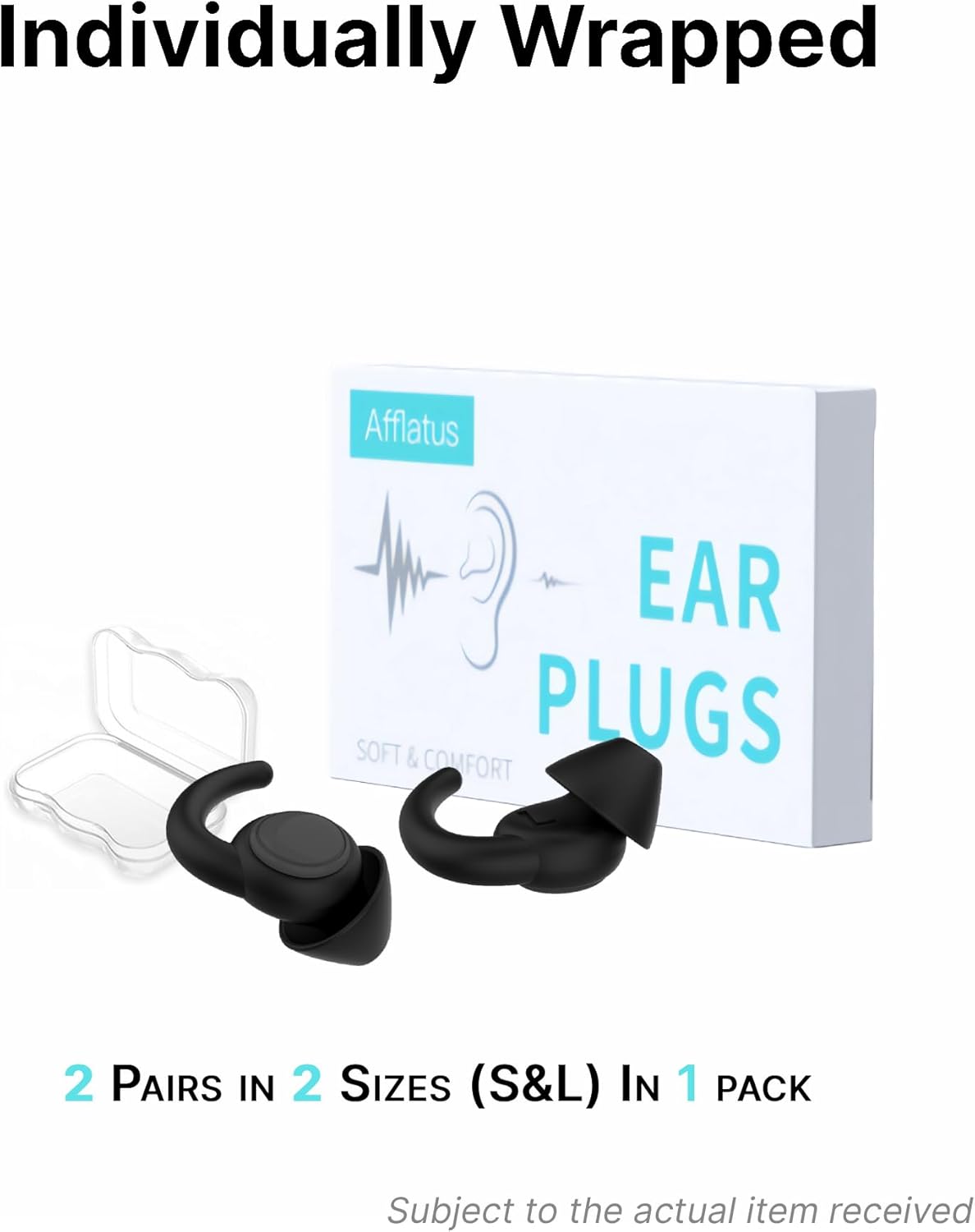 Afflatus Ear Plugs for Sleeping Noise Cancelling, 2 Pairs (S+L) Comfortable Reusable Noise Reduction Ear Plugs, Earplugs for Sleep, Snoring (Pure Black)
