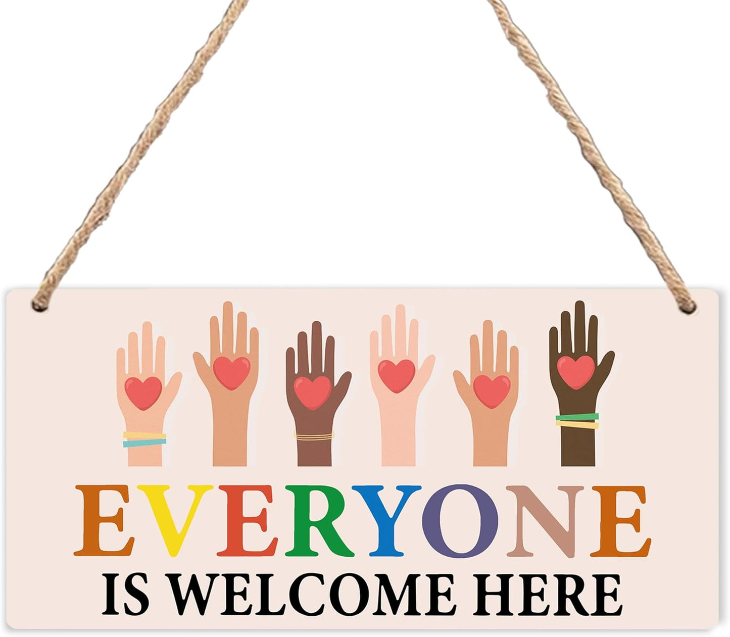 Everyone Is Welcome Here Sign - Classroom Playroom Reading Corner Wall Decor, Boho Rainbow Classroom Wooden Hanging Welcome Sign for Nursery School 12x6 Inches