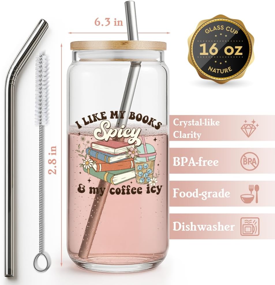 Funny Coffee Glass Cup Bookish Gifts for Women Mom Friend Book Lover Librarian,Book Themed Cute Drinking Glass Cup with Lids Straws,Reading Gifts for Birthday,I Like My Books Spicy & My Coffee Icy -8