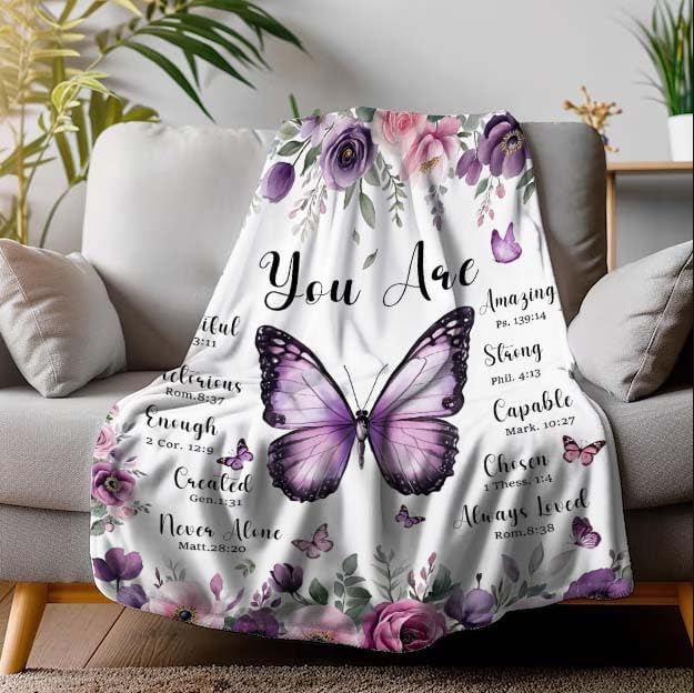 MASLEK Purple Butterfly Floral Flannel Blanket Cozy Throw with Inspirational Quote for Women Girls Home Bedroom 60x80 Inch