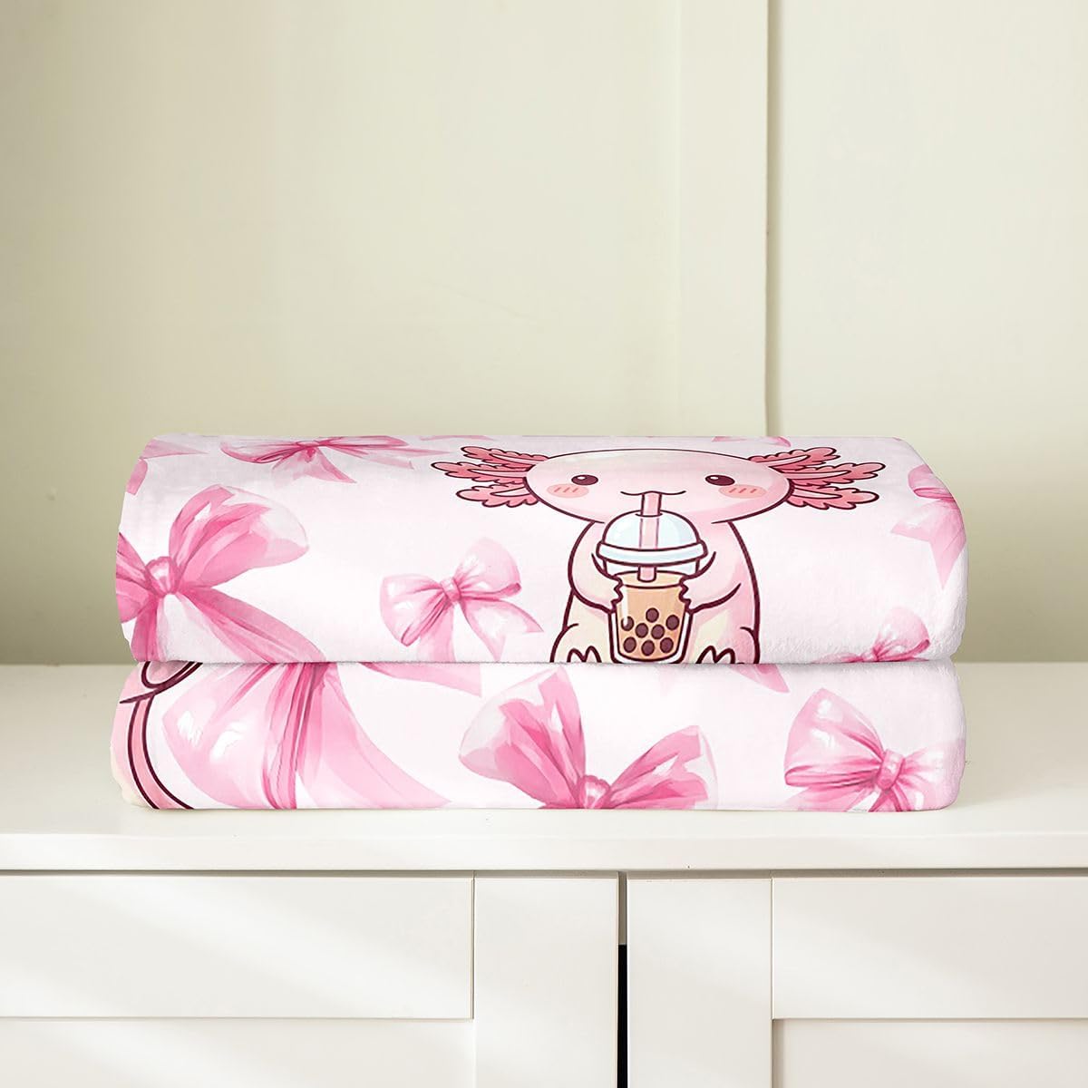 Feelyou Axolotl Flannel Blanket Plush Fuzzy Ribbon Bow Fleece Throw Blanket for Boys Girls Cute Kawaii Aesthetic Plush Lightweight Sofa Throw Salamander Throw 50"x60" for Bed Couch Chair