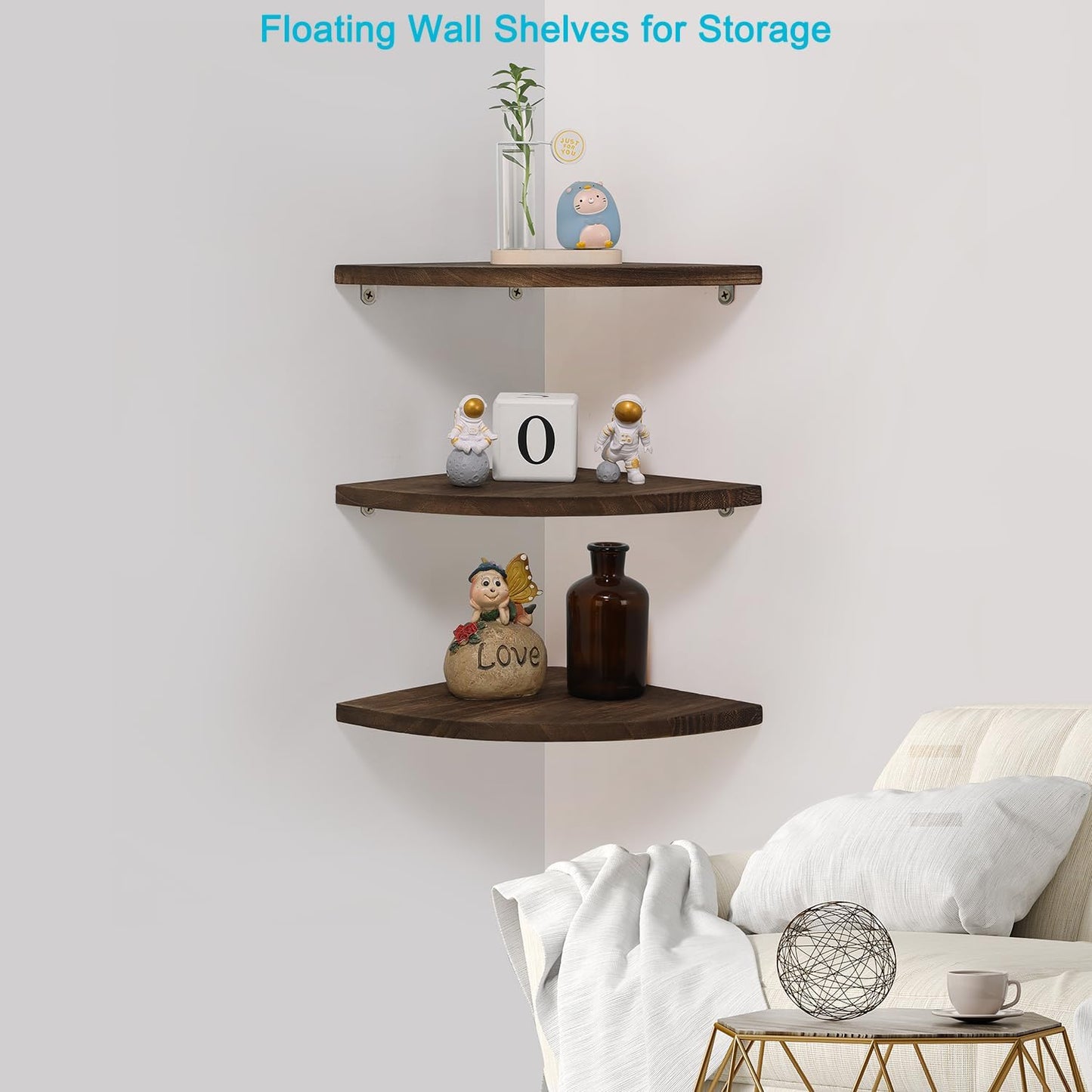 Joiishom Shelves 3, Rustic Wood Corner Wall Mount, 10x10x0.7 inches, 42 pounds Capacity