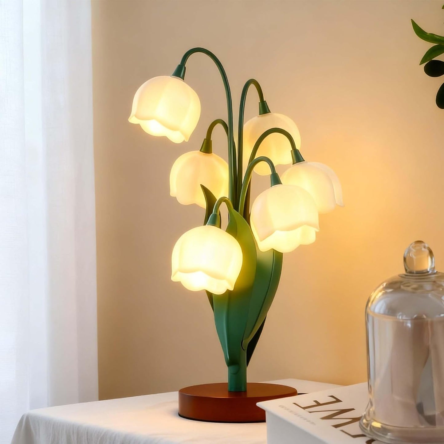 Vintage Lily of The Valley Table Lamp, 5 Flowers Artistic Sculpture & Soft Eye-Caring Light, Nordic Cottagecore Bedside Lamp for Reading, Wood Base, Sweet Gift for Home Office Bedroom Decor