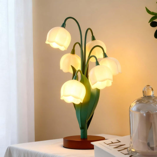 Vintage Lily of The Valley Table Lamp, 5 Flowers Artistic Sculpture & Soft Eye-Caring Light, Nordic Cottagecore Bedside Lamp for Reading, Wood Base, Sweet Gift for Home Office Bedroom Decor