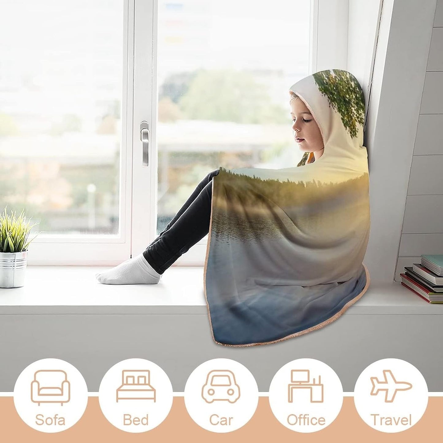Throw Blankets, Nature Wearable Hooded Blanket for Adults, Sunny Day by Misty Lake with Tree Summer, Soft Warm Cozy, 60 x 80inches, Studying Reading Snuggling Napping Office, Fern Green Light Blue