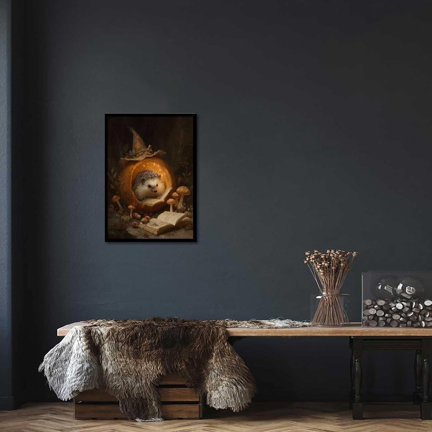 Hedgehog Reading Posters Halloween Forest Kid'S Canvas Wall Art Funny Animals Prints for Living Room Bedroom Home Wall Decor 12x16in Unframed