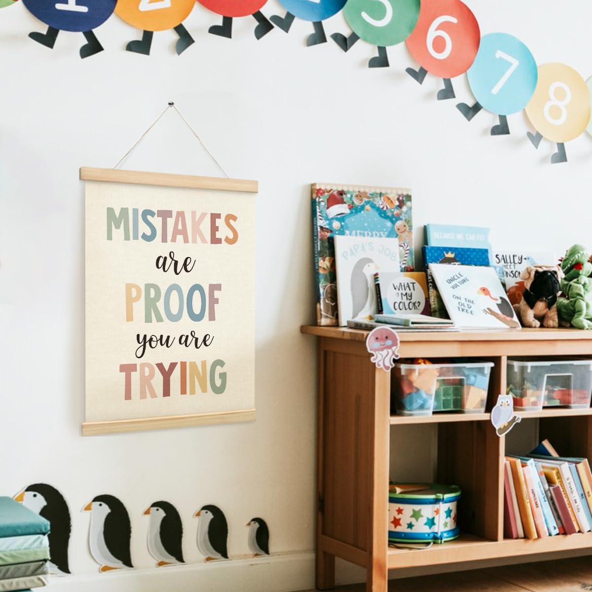 PLKMN Boho Classroom Decor, Mistakes are Proof You are Trying Wall Art with Wooden Poster Hanger, Inspirational Wall Decor for Classroom, Classroom Posters, Classroom Wall Art, 12x16 Inch