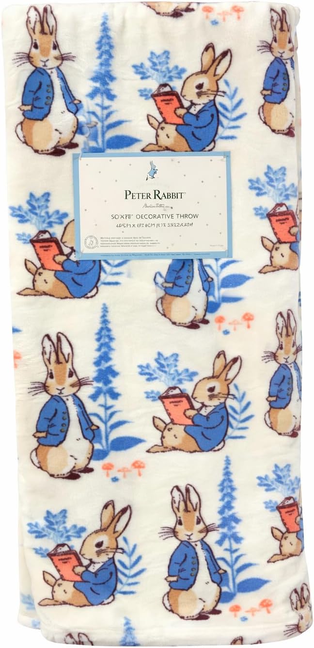 Frederick Warne & Co. Peter Bunny Rabbit Easter Throw Blanket, Off White - Peter Reading, Blue Botanical & Orange Toadstools, 50" x 70"