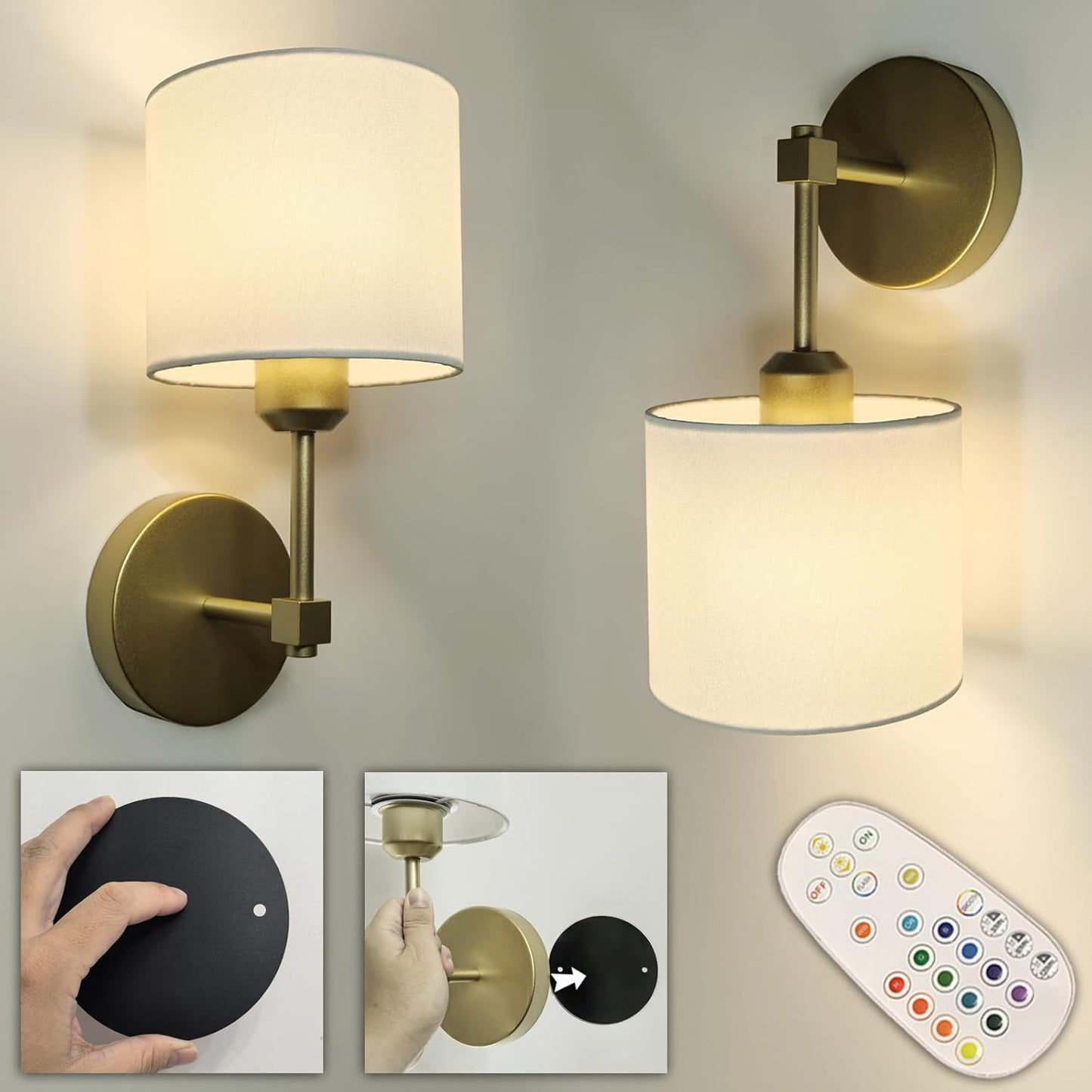 Easy Install Adhesive Battery Wall Sconces Rechargeable Gold Set of 2, No Nails Cordless Magnetic Wall Lamps Peel and Stick Decor Wall Vanity Lights for Pictures Living Room Hallway (Gold, 2-Pack)