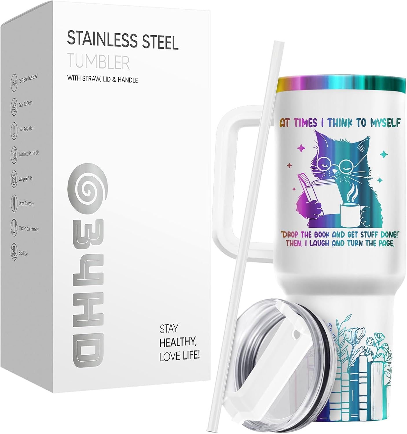 34HD Engraved Cat Mom Tumbler with Handle and Straw, 40oz Cute Gradient Book Cup Stainless Steel, Bookworm Coffee Mug, Cat and Book Birthday Gifts for Women Men Friends