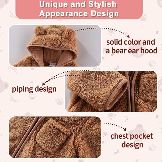 Newborn Baby Bear Outfit With Fold-Over Mittens and Footies Girls Boys Winter Fleece Clothes Hooded Romper Snowsuit